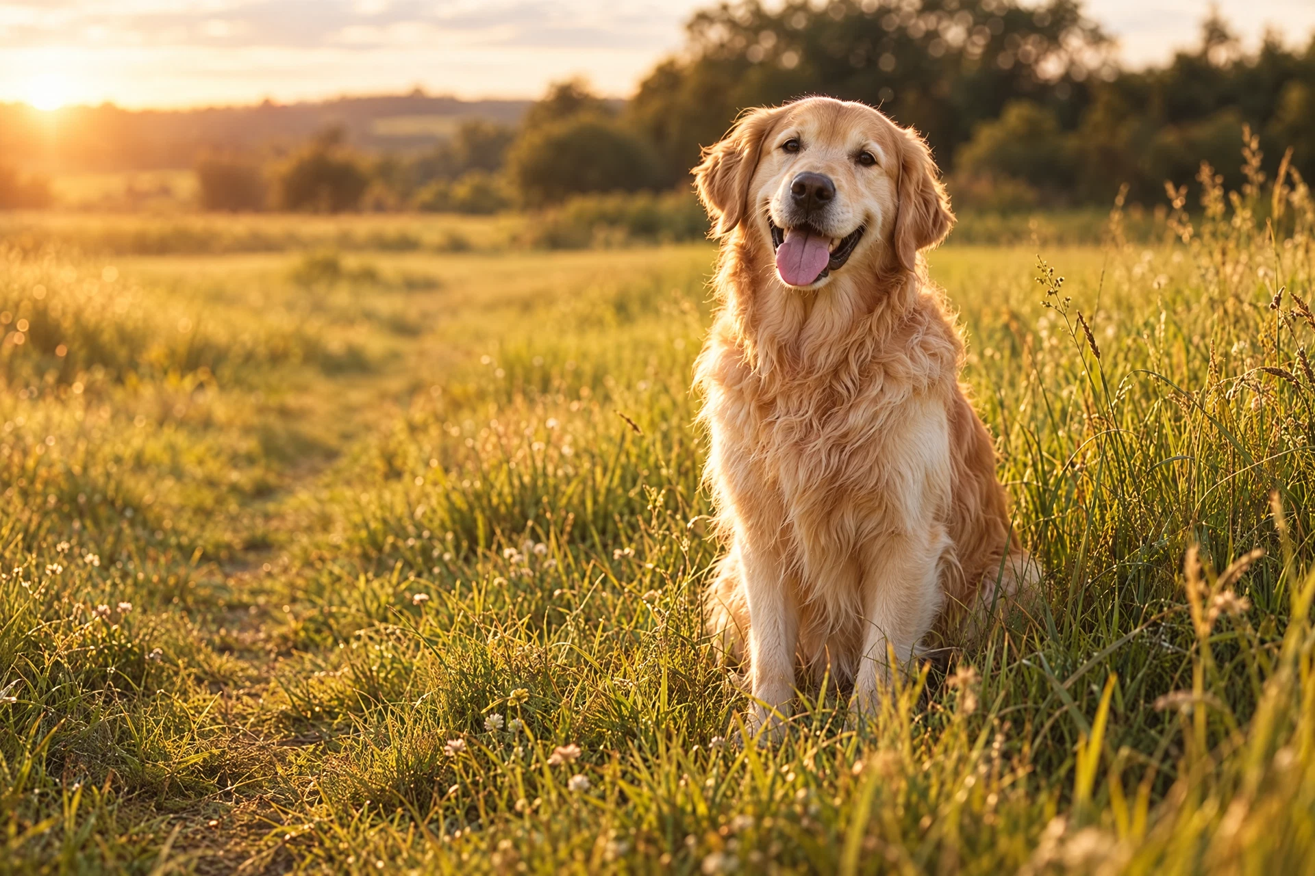 A golden retriever sitting happily in a sunlit meadow